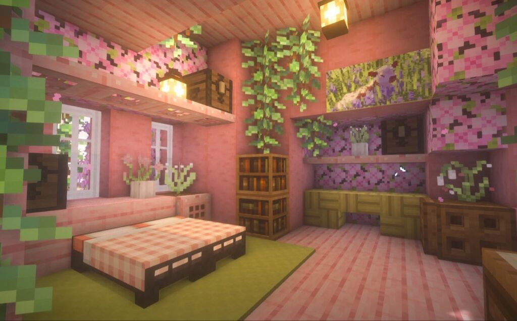 11 Cool Minecraft Bedroom Interior Ideas You Can Recreate With VIDEO   1. Cool Pink Tone Bed Interior Designs Minecraft With Hanging Leaves 1024x637 