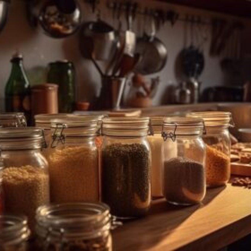 kitchen counter with honey reuse jars food it